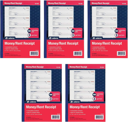 Adams Money and Rent Receipt Books, 3-Part Carbonless, 7-5/8" x 10-7/8", Bound Wraparound Cover, 100 Sets per Book, 4 Receipts per Page, 5 Books per Pack (TC1182-5)