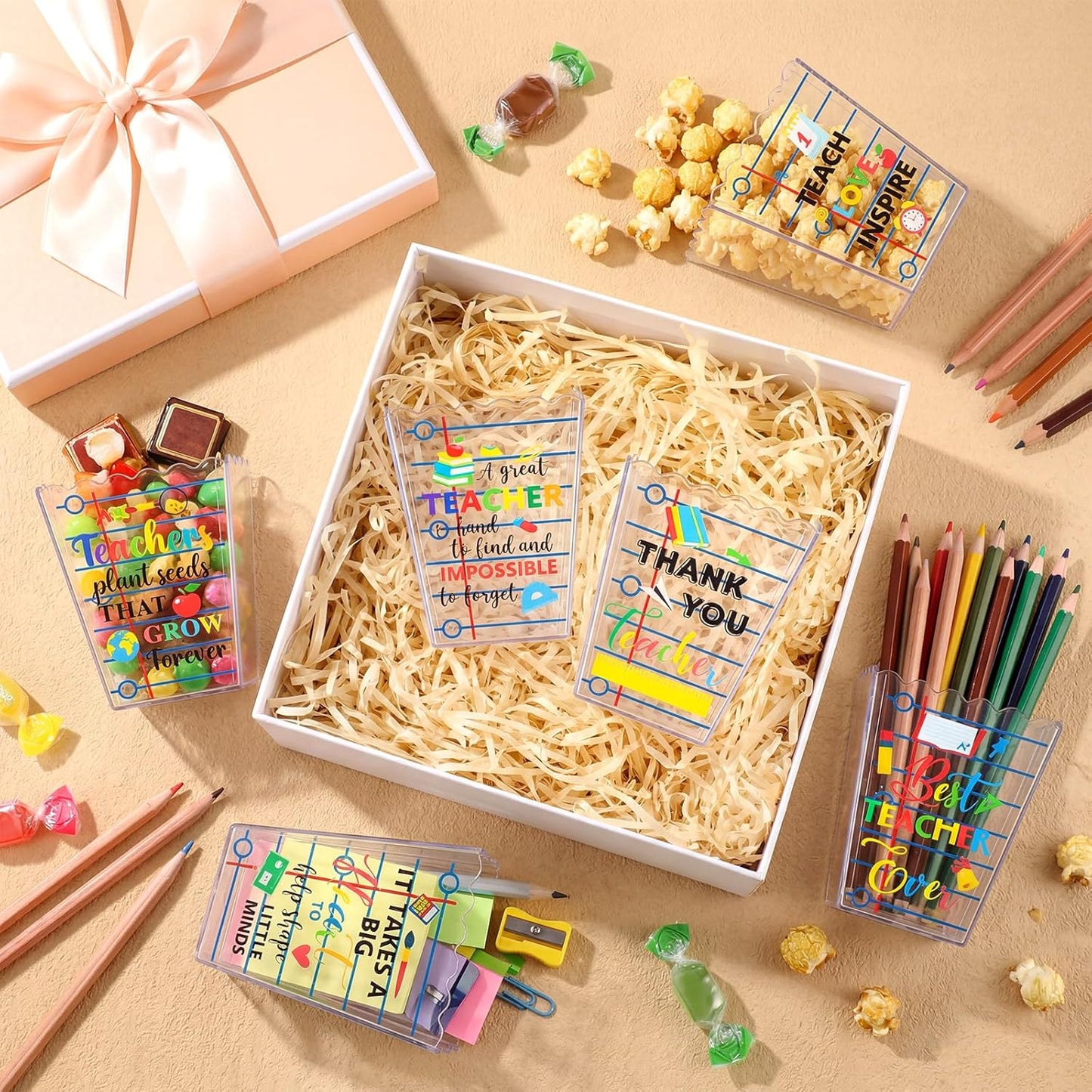 Mimorou 6 Pcs Teacher Gift Box Teacher Appreciation Gift Container Thank You Pencil Notebook Composition Book Crayon Candy Popcorn Holders for End of Year Graduation Party (Notebook)