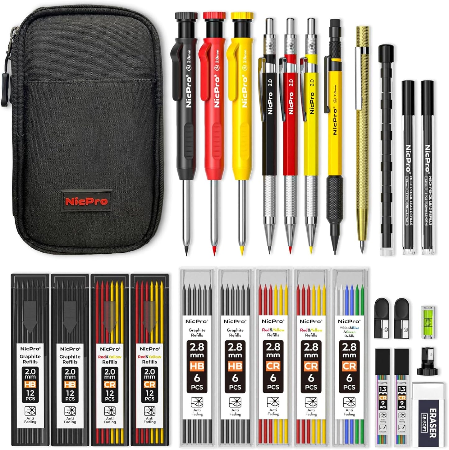 Nicpro 31 Pack Carpenter Pencil Set with Sharpener, Mechanical Carpenter Pencils with 128PCS Refills and Carbide Scribe Tool, Heavy Duty Construction Pencils for Architect Woodworking-With Canvas Case