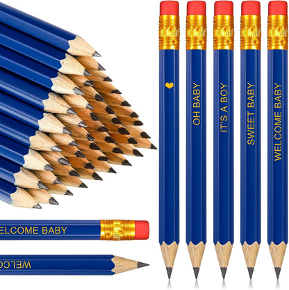 Crtiin 50 Pieces Baby Shower Pencils for Activities Mini Golf Half Pencils, Presharpened with Erasers, 4 Inch(Wood Color,Simple Style)