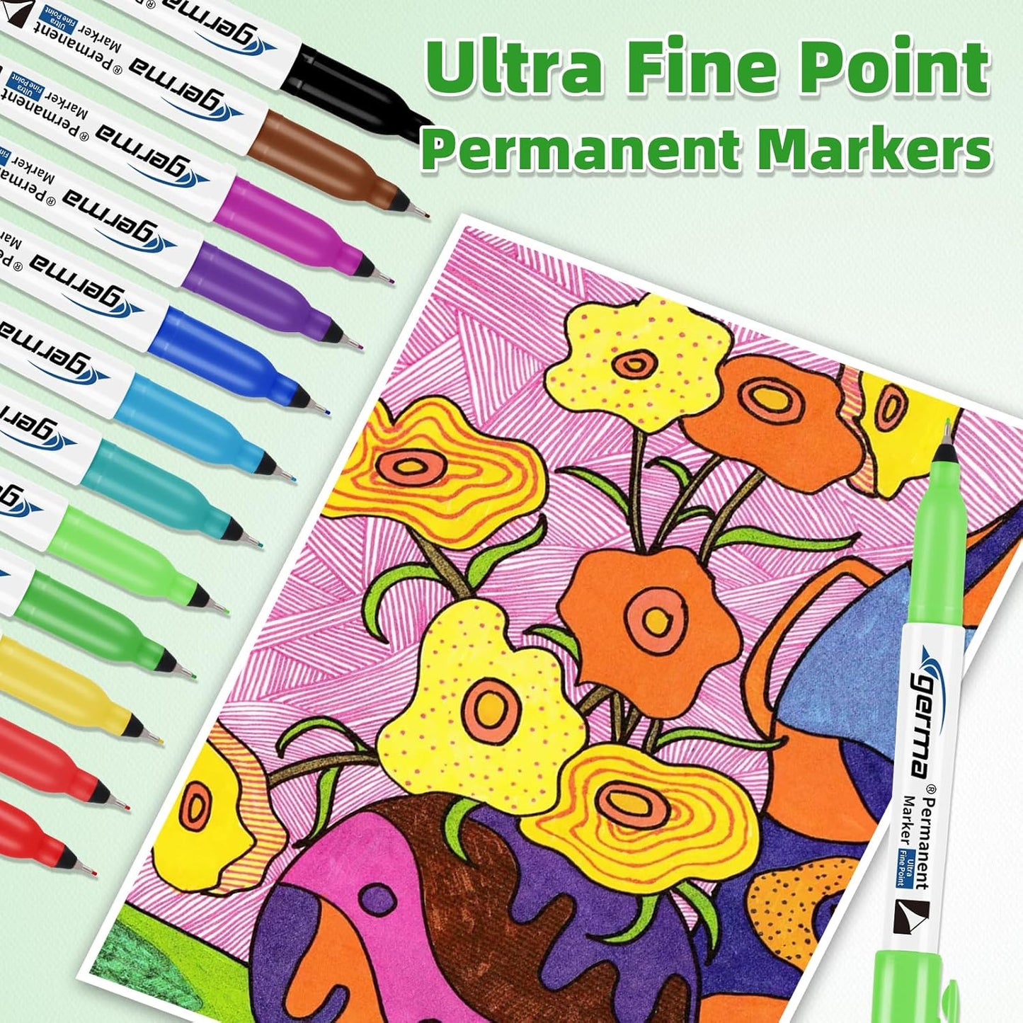 Cgerma Ultra Fine Point Permanent Markers Black, 18 Pack Ultra Fine Tip Markers, Waterproof, Quickly Dry, No bleed, Works on Plastic, Wood,Stone, Metal and Glass for School Office Home