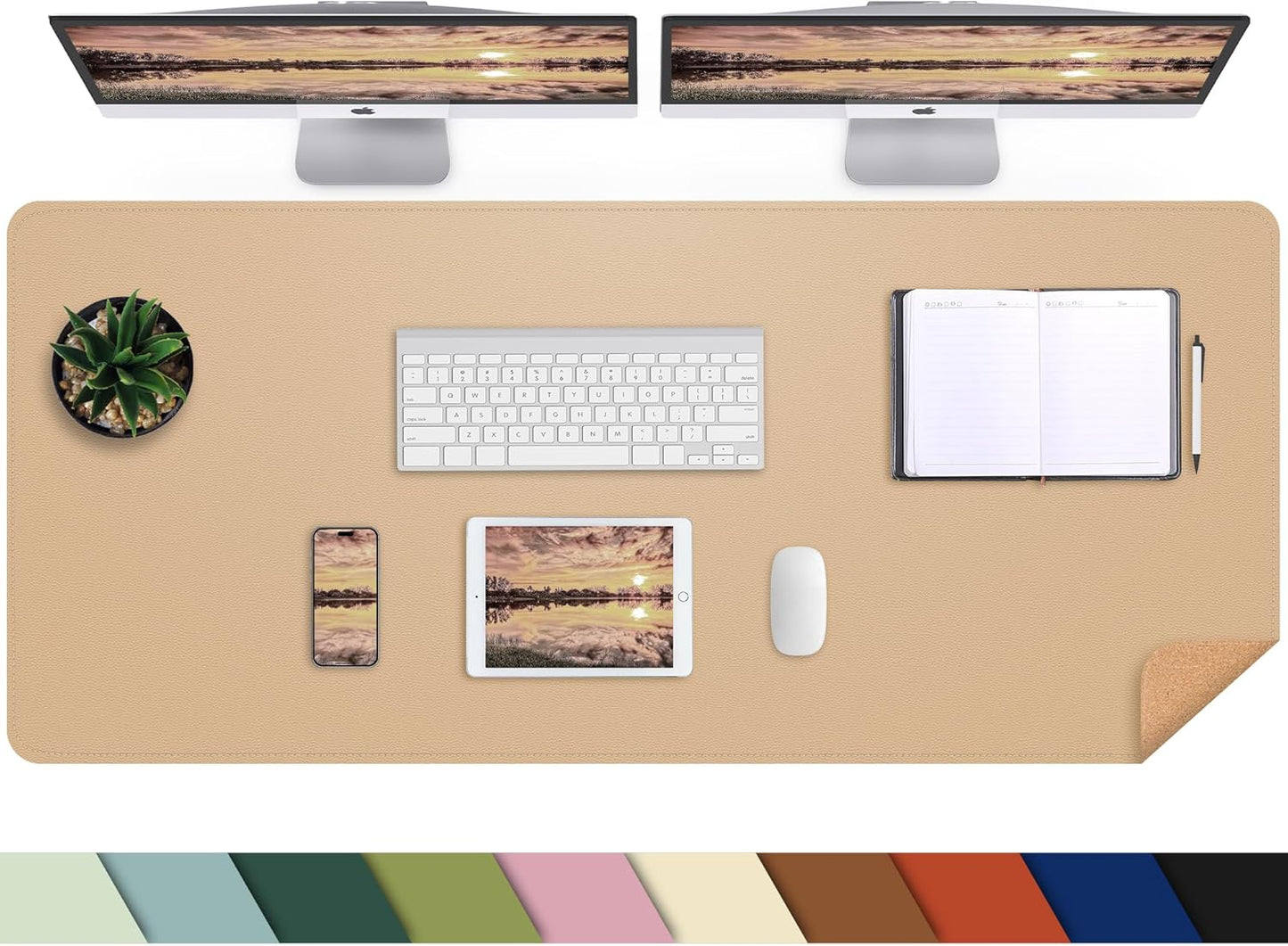 Large Desk Mat 47.2" x 17" Leather Desk Pad Protector with Natural Cork & PU Leather, Non-Slip Office Desk Mat, Large Mouse Pad, Waterproof Desk Blotter pad for Office&Home(Black)
