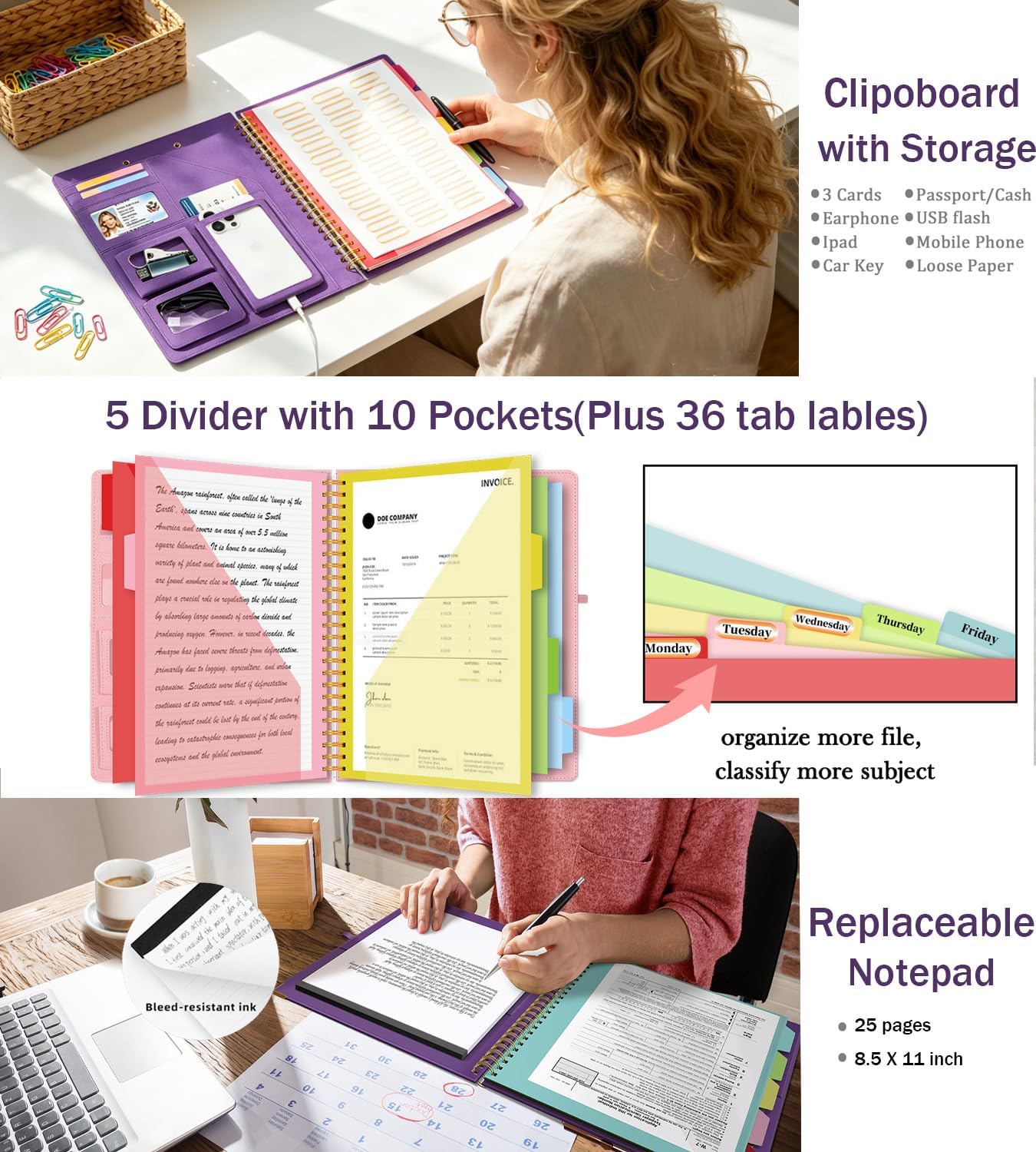 Grey Foldable Spiral Clipboard Folio with Storage Zipper Pouch, 5 Plastic Folders with Pockets,Refillable Lined Notepad (8.5" x 11"), Hardcover Project Organizer with 39 Stickers