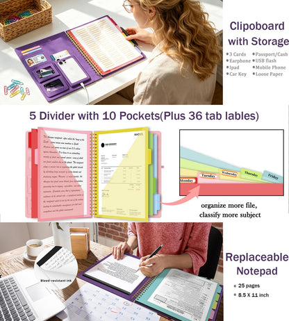 Grey Foldable Spiral Clipboard Folio with Storage Zipper Pouch, 5 Plastic Folders with Pockets,Refillable Lined Notepad (8.5" x 11"), Hardcover Project Organizer with 39 Stickers