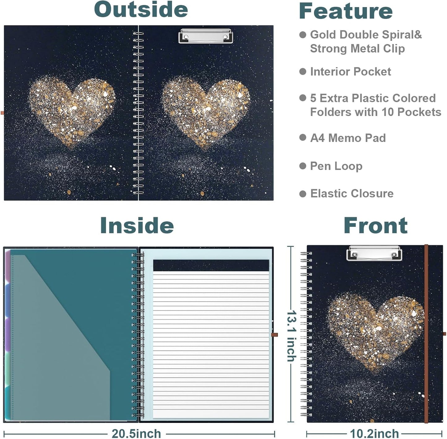 Hongri Clipboard Folio with Refillable Lined Notepad, 8.5 x 11 Folders with Storage 10 Pockets, Spiral Portfolio, Size 12.8X 9.7 in, Office & School Supplies, Skeleton