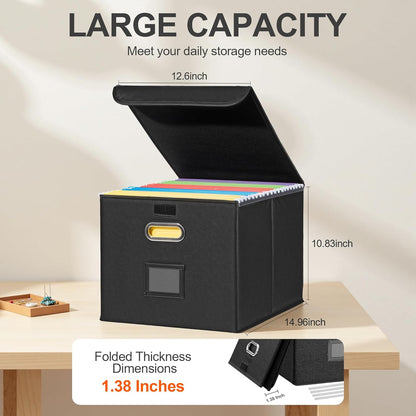 Hleelomi Collapsible File Box with Lid & Plastic Slide - Hanging Document Organizer for Office/Home, 14.96x12.6x10.83 Inch,Decorative Home File Bin,Black, 1 Pack (No Folders Included)