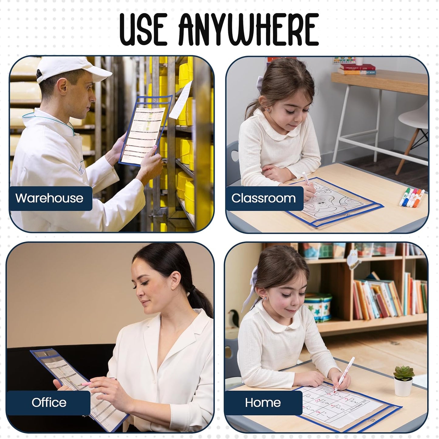 Essex Wares - 6 Pack, Assorted, Dry Erase Pocket Document Protectors, 10" Wide x 13.5" Tall- Dry Erase Clear Plastic Sleeves - Reusable & Easy Erase Plastic Invoice Holders, Water-Resistant & Durable