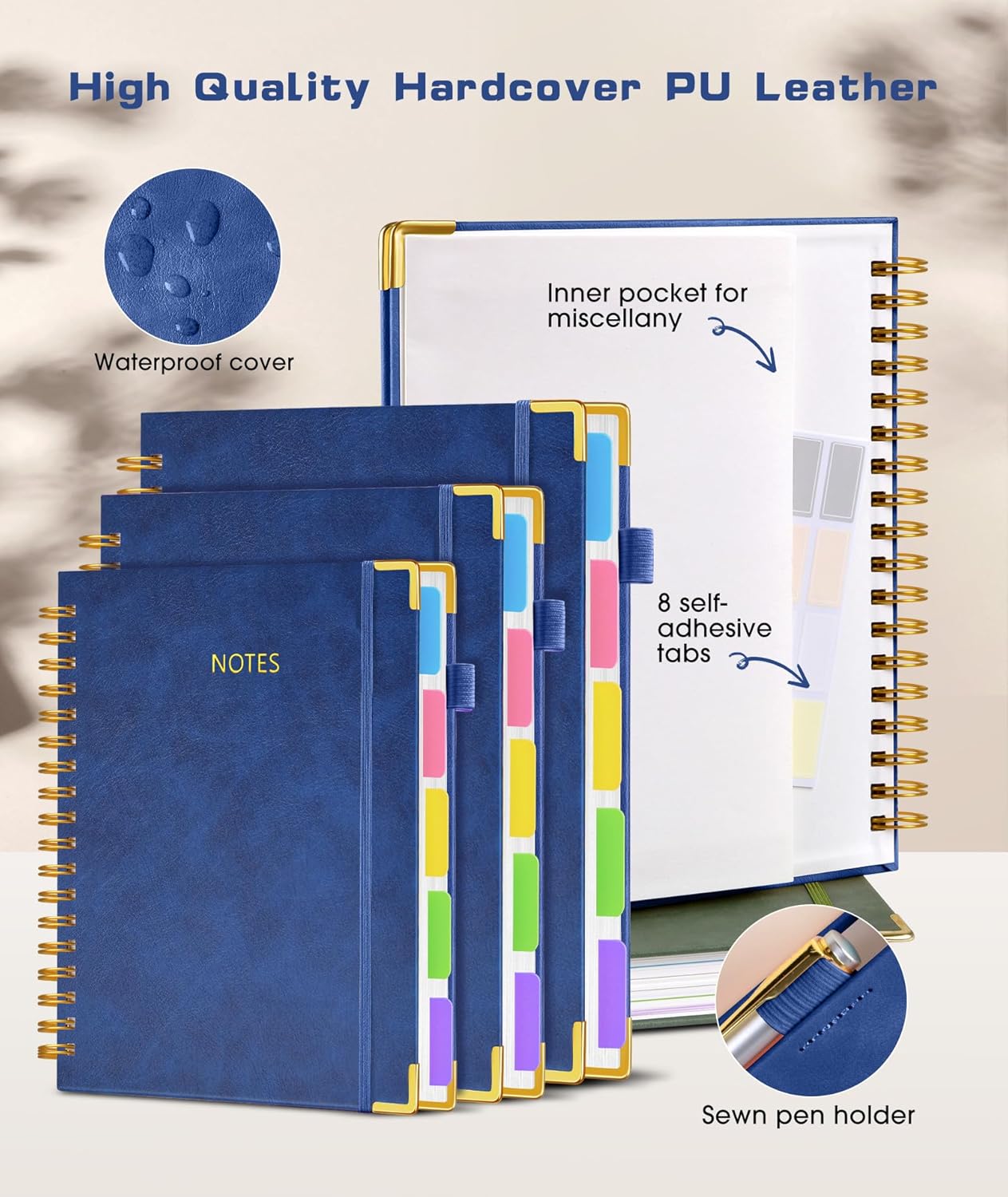 Hardcover Spiral Notebook Journal with Removable Dividers Tabs, 300 Pages Leather 5 Subject Notebook College Ruled, 8"x10" Large B5 Notebooks for Work School Note taking, Lined Journal for Women, Pink