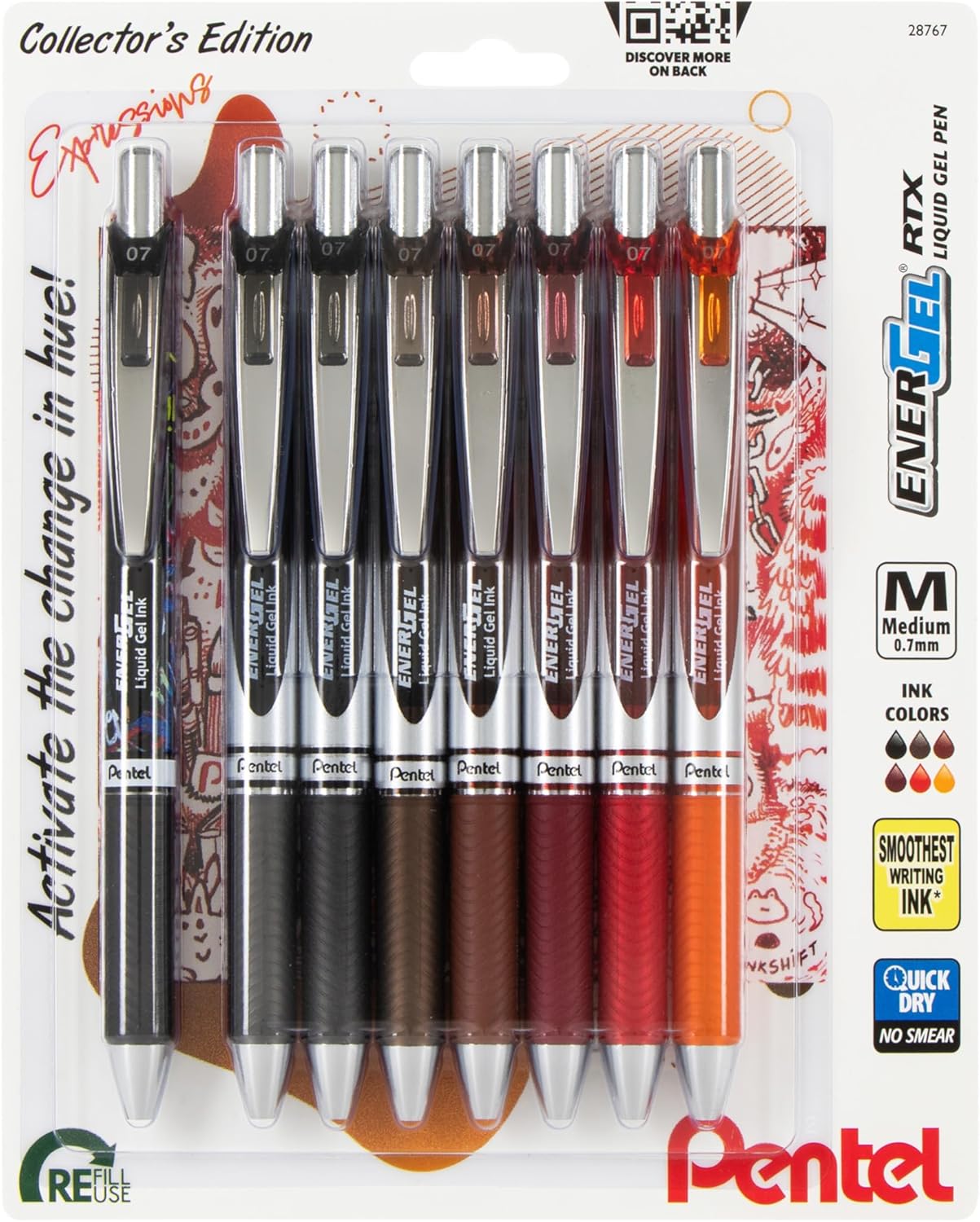 Pentel EnerGel RTX Retractable Liquid Gel Pen, Creator Expressions Pack, 0.7mm, Metal Tip, Medium Line, Assorted Ink, Pack of 8 Pens (BL77XRIGBP8M)