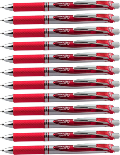 Pentel EnerGel RTX Retractable Liquid Gel Pen, (0.7mm) Medium Line, Metal Tip, Black Ink, Box of 12 (BL77-A)