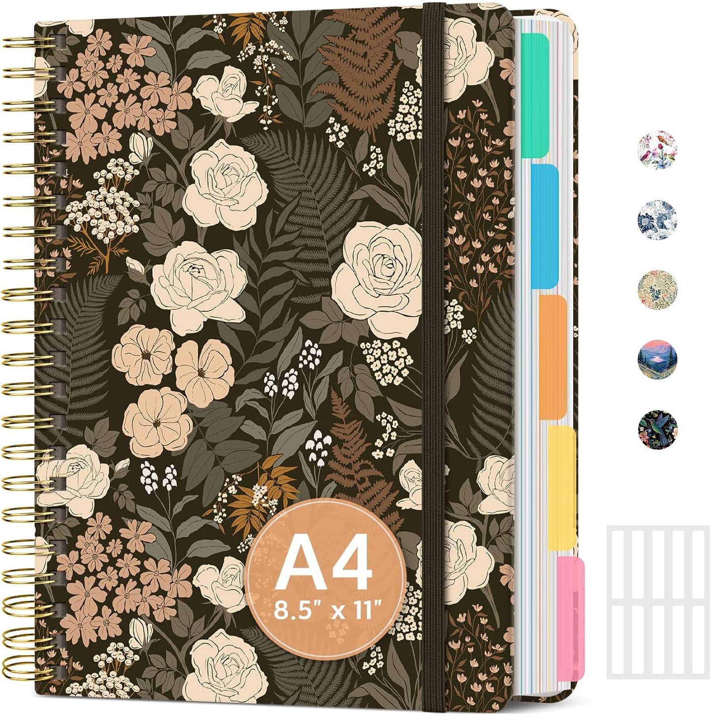 Large Lined Spiral Journal for Women Cute Hardcover 5 Subject Notebook for Work 8.5" x 11" with Removable Dividers & Tabs, College Ruled, 280 Pages Aesthetic Journal for Work, School & Note Taking, Garden of Whimsy