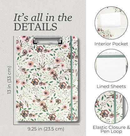 Steel Mill & Co Cute Clipboard Folio with Refillable Lined Notepad and Interior Storage Pocket, Floral Padfolio for Work, Garden Blooms Cream