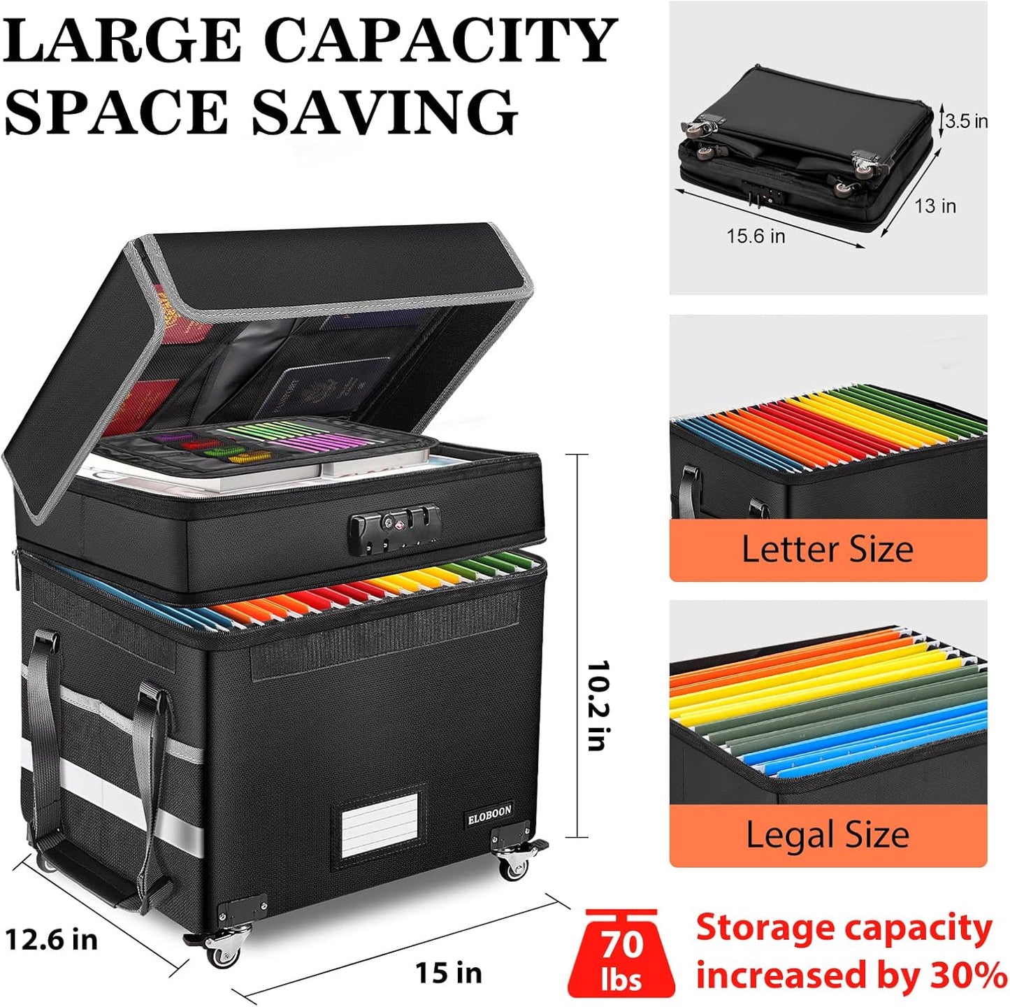 File Box with Lock, Fireproof Document Box with Wheels, Collapsible File Organizer Box, File Storage Box for Home & Office, Filing Cabinet for Hanging Letter/Legal Folders, Black