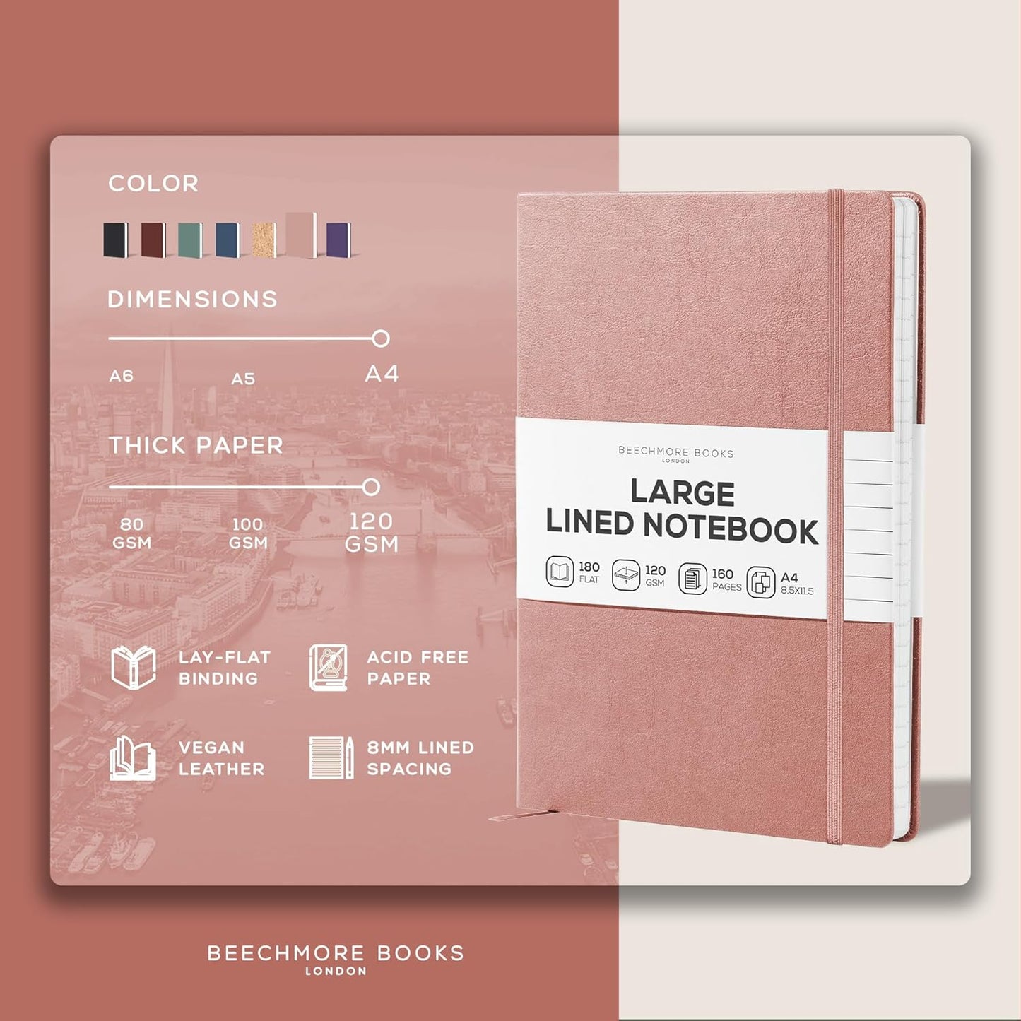 BEECHMORE BOOKS Large Lined Journal Notebook, 8.5" x 11.5" (A4) Hardcover Vegan Leather Executive Diary for Work, Thick 120gsm Paper, Lay-Flat Binding, Gift Box