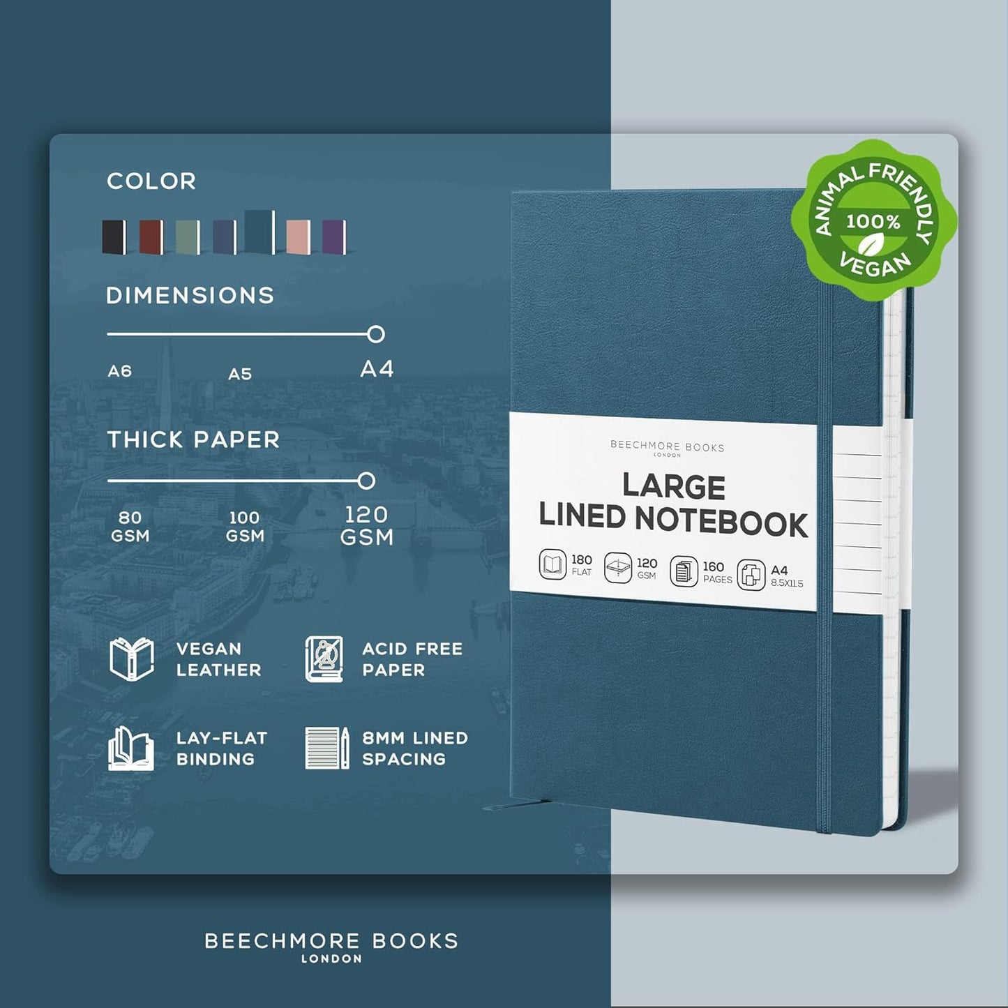 BEECHMORE BOOKS Large Lined Journal Notebook, 8.5" x 11.5" (A4) Hardcover Vegan Leather Executive Diary for Work, Thick 120gsm Paper, Lay-Flat Binding, Gift Box