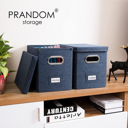 PRANDOM File Organizer Box - Collapsible Decorative Linen Filing Storage with Lids for Letter Size - Grey (14x9.3x10.8 inch)