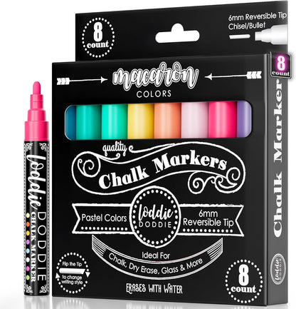 Loddie Doddie Liquid Chalk Markers - 8-Pack, 6mm Dual Tips - Chalk Markers for Blackboard & Chalkboard Paint - Washable Window Pens for Glass - Erasable Pens