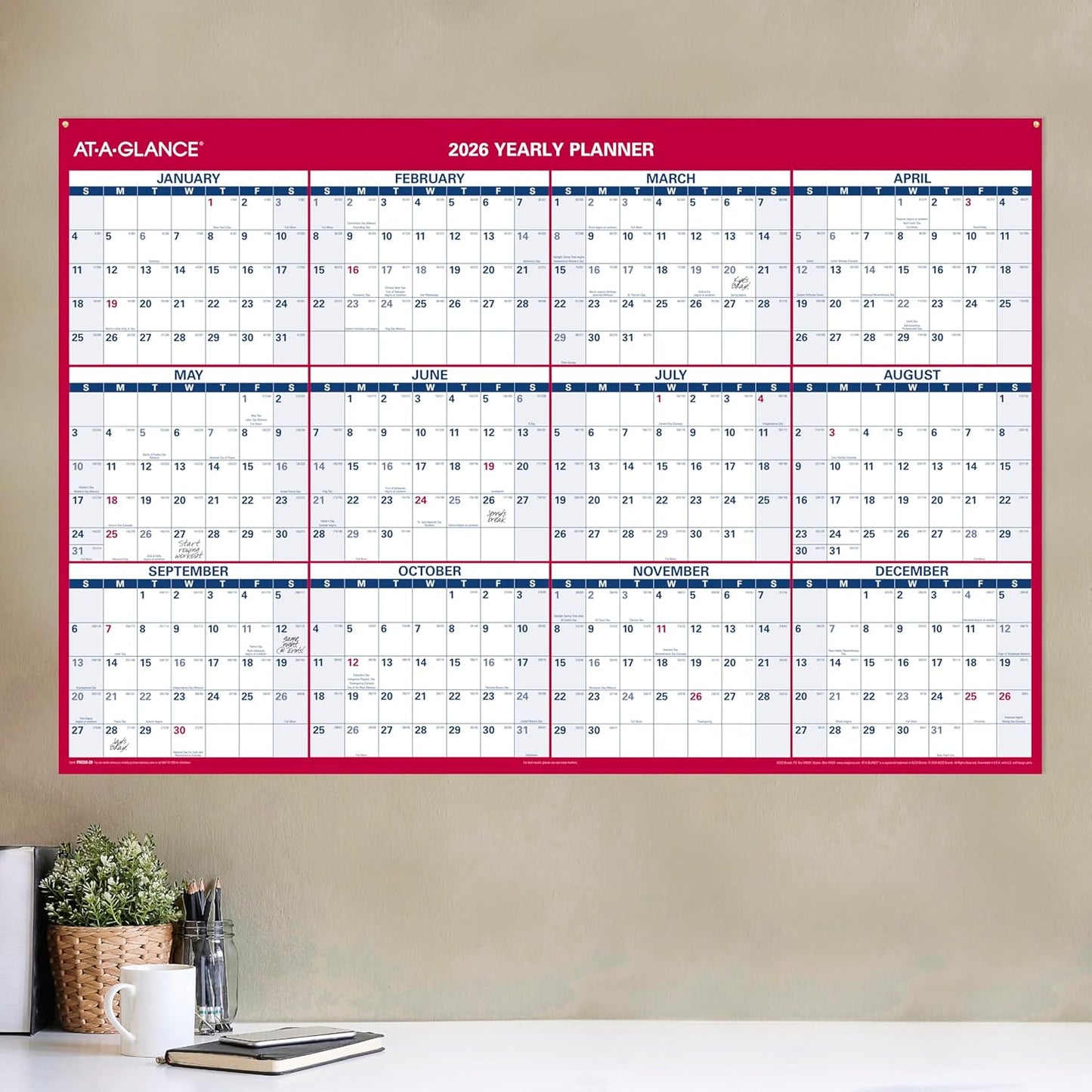 AT-A-GLANCE 2026 Erasable Calendar, Dry Erase Wall Planner, 12" x 16", Small, Vertical-Horizontal, Reversible, Compact (PM330B2826)
