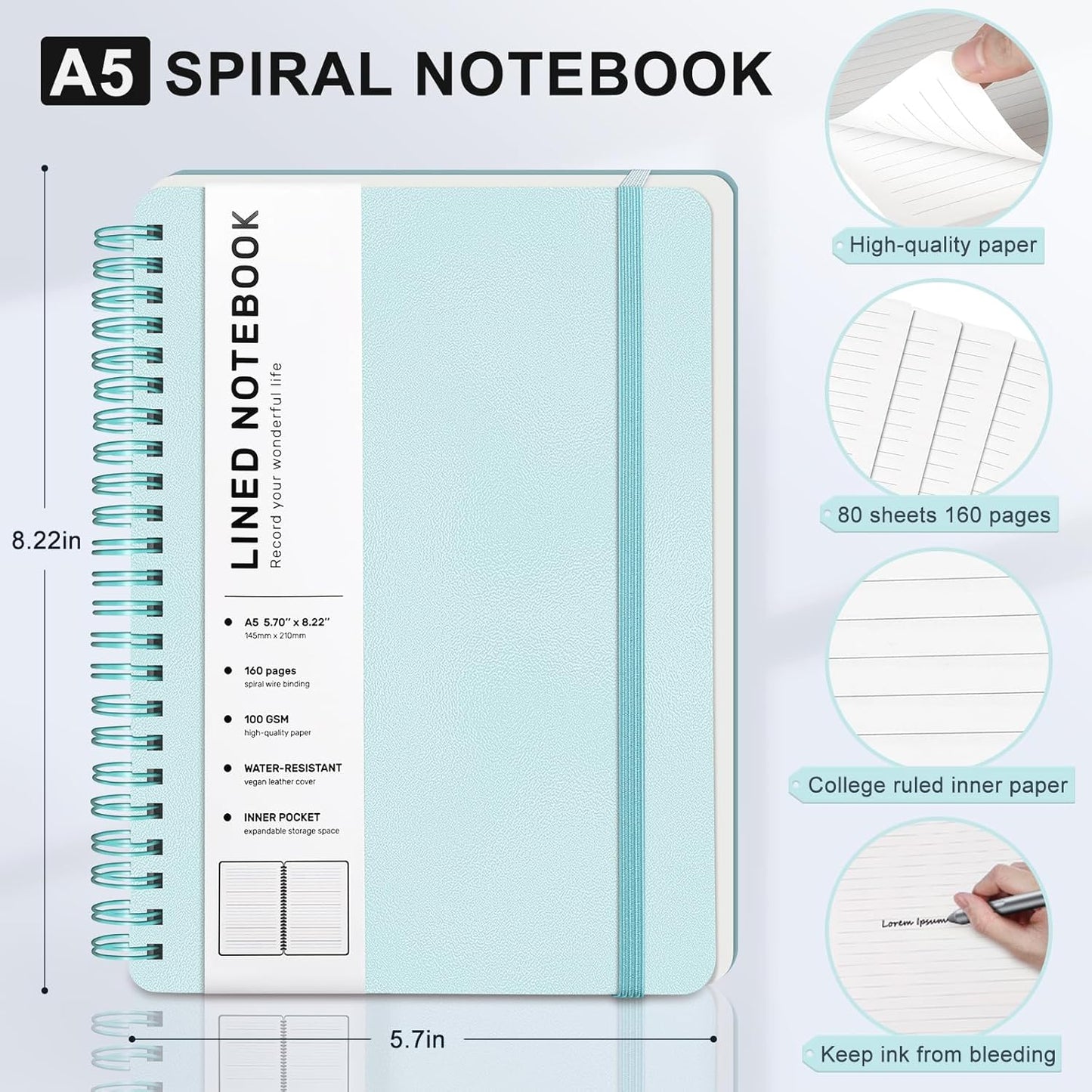 Lined Spiral Journal Notebook, A5 Hardcover Leather Notebook for Work, 5.7''×8.2'', 100GSM Thick Paper Spiral Bound Journaling Notebooks for Women & Men Office School Note Taking Business, Black