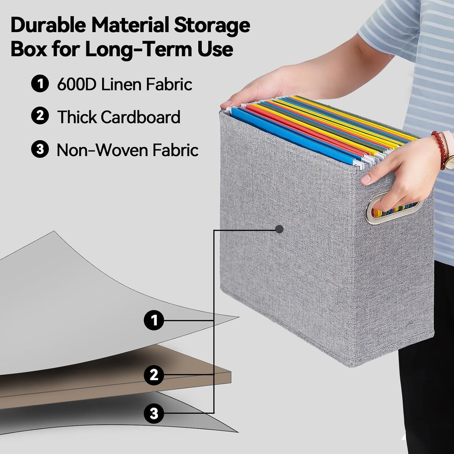 4 Pack Letter Size File Storage Box Collapsible, Fabric Hanging File Folders Organizer, Portable Office Document Holder with Metal Handle, Smooth PVC Rails, Beige