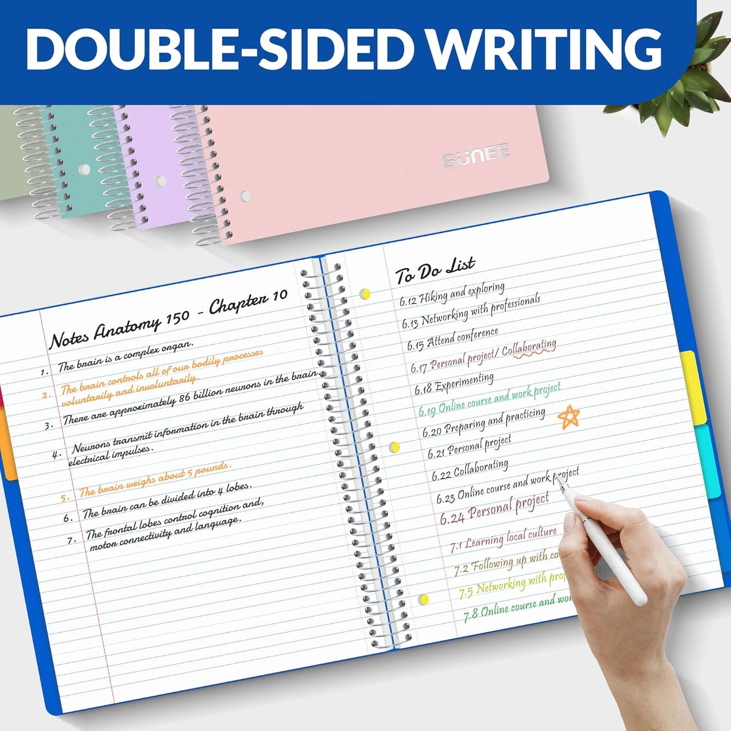SUNEE 5 Subject Graph Paper Notebook - 400 Pages, 9"x11", 4x4 Graph Ruled Notebook, 5 Pocket Colored Dividers, 3-Hole Punched Paper, Black