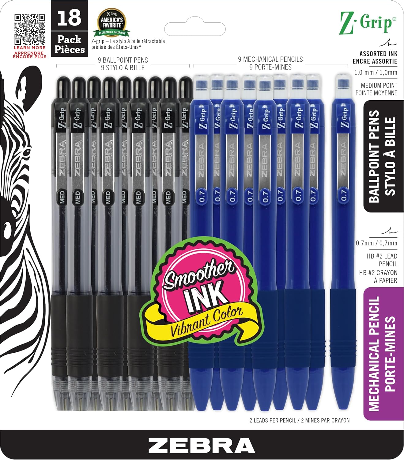 Zebra Pen Z-Grip Retractable Ballpoint Pen, Smooth-Flowing Black Ink, 1.0mm Medium Point, School & Office Supplies, Ideal for Note-Taking, Journal and Planner Use, 18-Pack (22218)