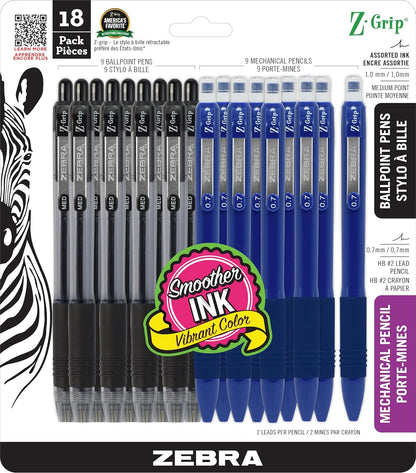 Zebra Pen Z-Grip Retractable Ballpoint Pen, Smooth-Flowing Black Ink, 1.0mm Medium Point, School & Office Supplies, Ideal for Note-Taking, Journal and Planner Use, 18-Pack (22218)
