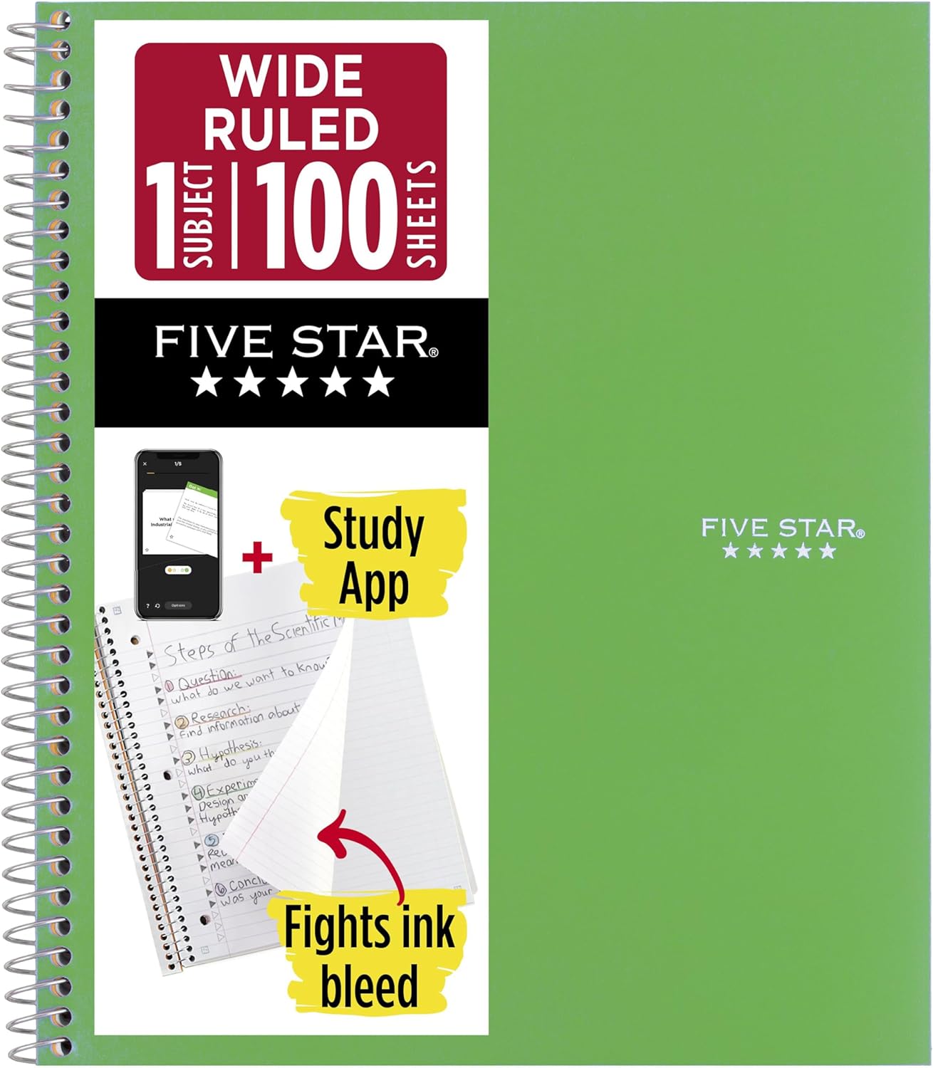 Five Star Spiral Notebook + Study App, 1 Subject, Wide Ruled Paper, 8" x 10-1/2", 100 Sheets, Fights Ink Bleed, Water Resistant Cover, Tidewater Blue (72875)