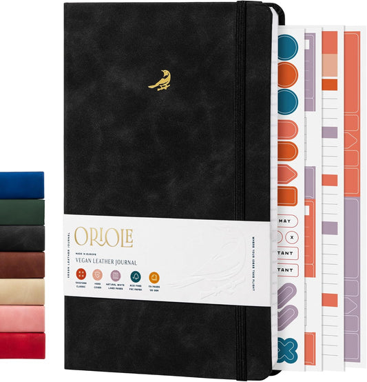 Oriole Vegan Leather Ruled Notebook - Chestnut Brown | 176 Pages of Thick Lined Paper | Soft Touch Hardcover Journal (5 x 8 in) with Gold Foil Bird Design & Luxury Gift Box