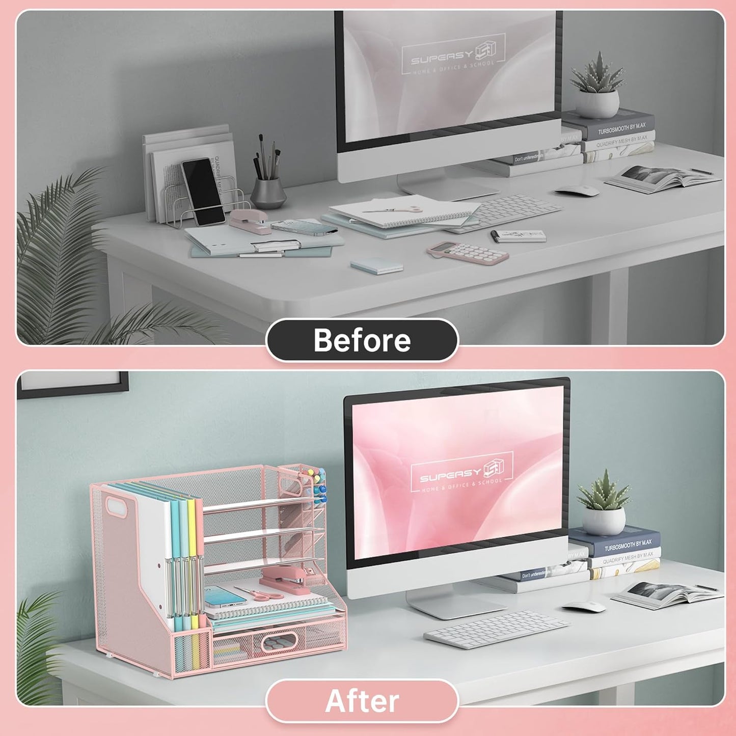SUPEASY Desk Organizer with File Holder, 5-Tier Mesh Paper Letter Tray Organizer with Pen Holder and Drawer, Desktop Organizer and Storage with 3 Tilted File Sorter for Office Supplies, Blue