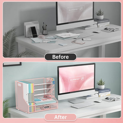 SUPEASY Desk Organizer with File Holder, 5-Tier Mesh Paper Letter Tray Organizer with Pen Holder and Drawer, Desktop Organizer and Storage with 3 Tilted File Sorter for Office Supplies, Blue