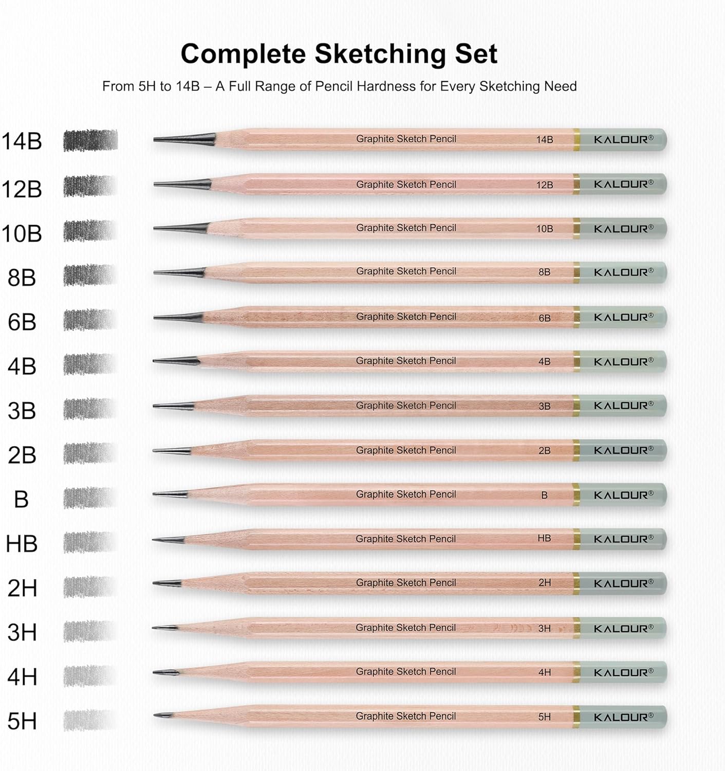 KALOUR 29 Pro Sketching Drawing Pencils Set with Roll-Up Nylon Case – 14 Graphite Pencils (14B–5H), Charcoal Pencils, Erasers, Sharpener & Stumps – Complete Art Kit for Artists & Beginner