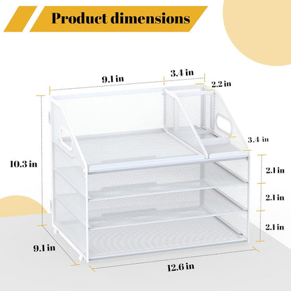 Letter Tray Paper, 4 Tier Desk Organizer with Pen Holder and Handle Mesh File Organizer Paper Sorter Metal Desktop Document Shelf for Office Home Classroom -Black