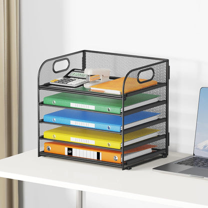 Lavatino 5 Tray Desk File Organizer, Black Mesh Paper Sorter Letter Tray Organizer with Handle, Desktop File Organizer and Storage for Letter/A4 Office File Folder