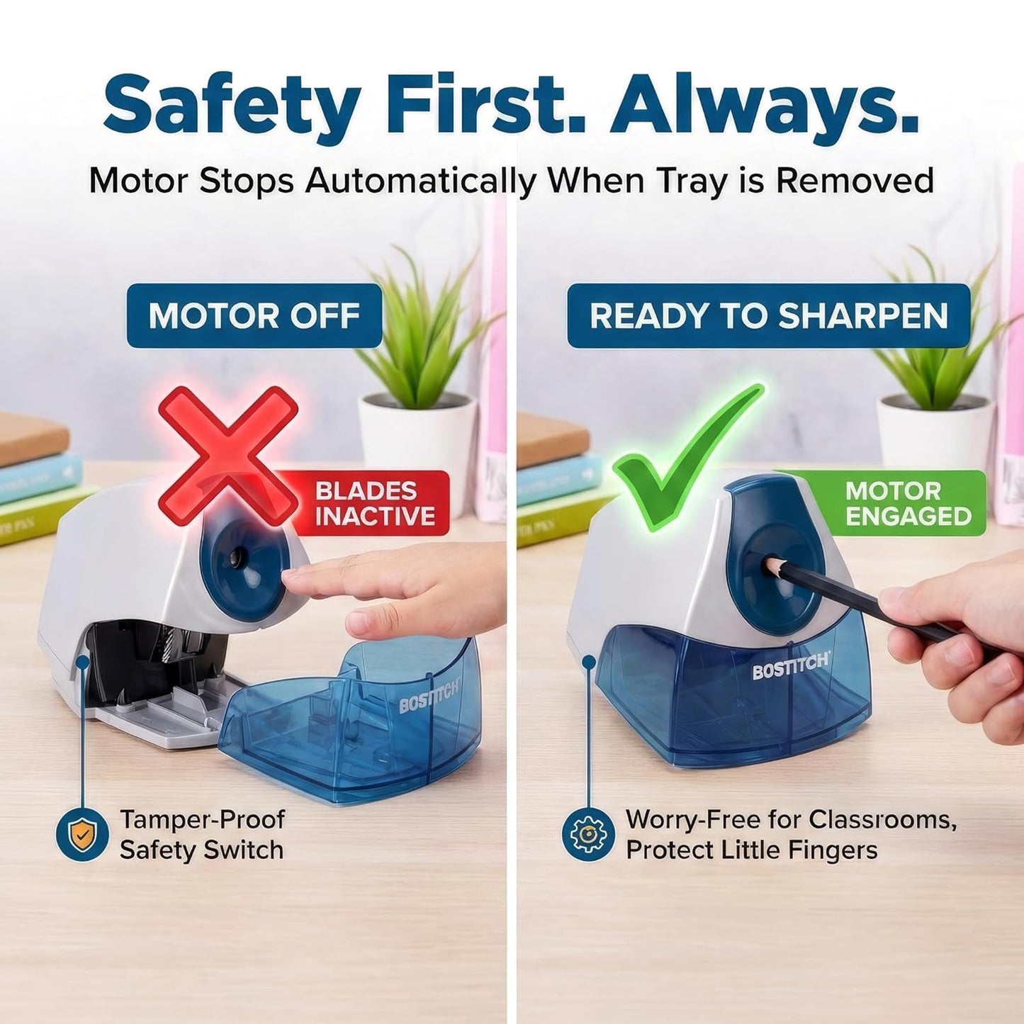 Bostitch Office Electric Pencil Sharpener for Classroom & Desk Use, Heavy-Duty Stall-Free Motor, High-Capacity Shavings Tray, Blue