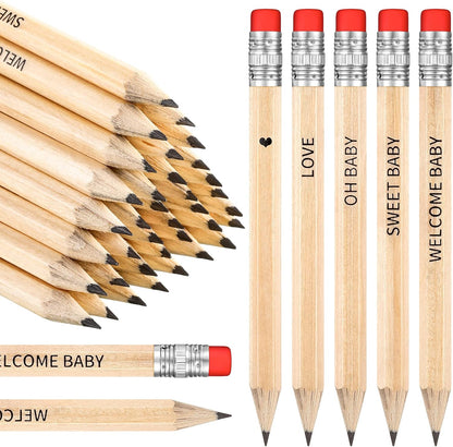 Crtiin 50 Pieces Baby Shower Pencils for Activities Mini Golf Half Pencils, Presharpened with Erasers, 4 Inch(Wood Color,Simple Style)