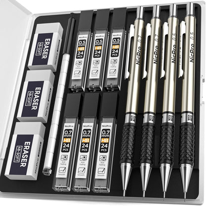 Nicpro 0.7 mm Art Mechanical Pencil Set in Storage Case, 3 PCS Metal Drafting Pencil Lead Pencil with 6 Tube HB Lead Refills, 3 Erasers, 9 PCS Eraser Refills for Artist Writing, Drawing, Sketching