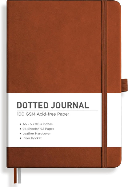 RETTACY Graph Grid Paper Notebook, 192 Pages, A5 Medium Size (5.7'' x 8.3''), 5 Squares per Inch, Leather Hardcover, 100 GSM Thick Paper, for School, Students, Math, Engineering (Brown)