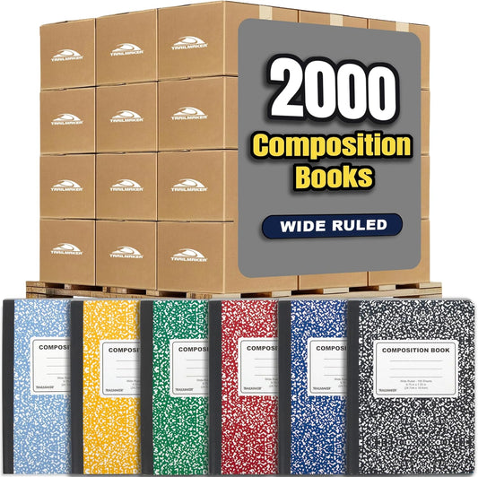 Trail maker Bulk Composition Notebooks Colored (50 Pack), Wide Ruled Marble Cover, 200 Pages (100 Sheets), 9.75 x 7.5, Bulk School Supplies for Classroom, Office & School Donations