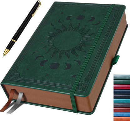 Journal Notebook for Women/Men, Daily for Classic Lined Writing,360 Pages Leather Hardcover with Vintage Sun & Moon Design, SeaGreen, A5 (14.5 x 21 cm)