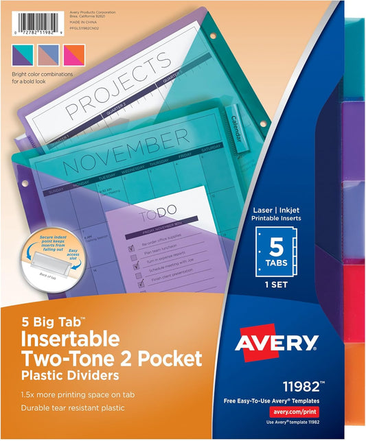 Avery Big Tab Insertable Plastic 2 Pocket Dividers for 3 Ring Binders, 5 Tab Set, Two-Tone Multicolor, Works with Sheet Protectors, 1 Binder Divider Set (11982)
