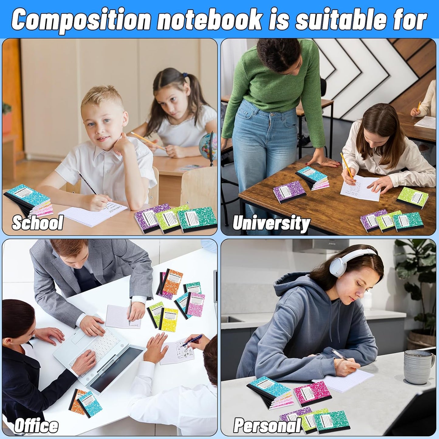24 Pack 9.75 x 7.5 in Large Composition Notebooks Bulk 12 Color Wide Ruled Composition Books Marble Journal Notebook 60 Sheets per Book for Aldult Student College Office Back to School Supplies