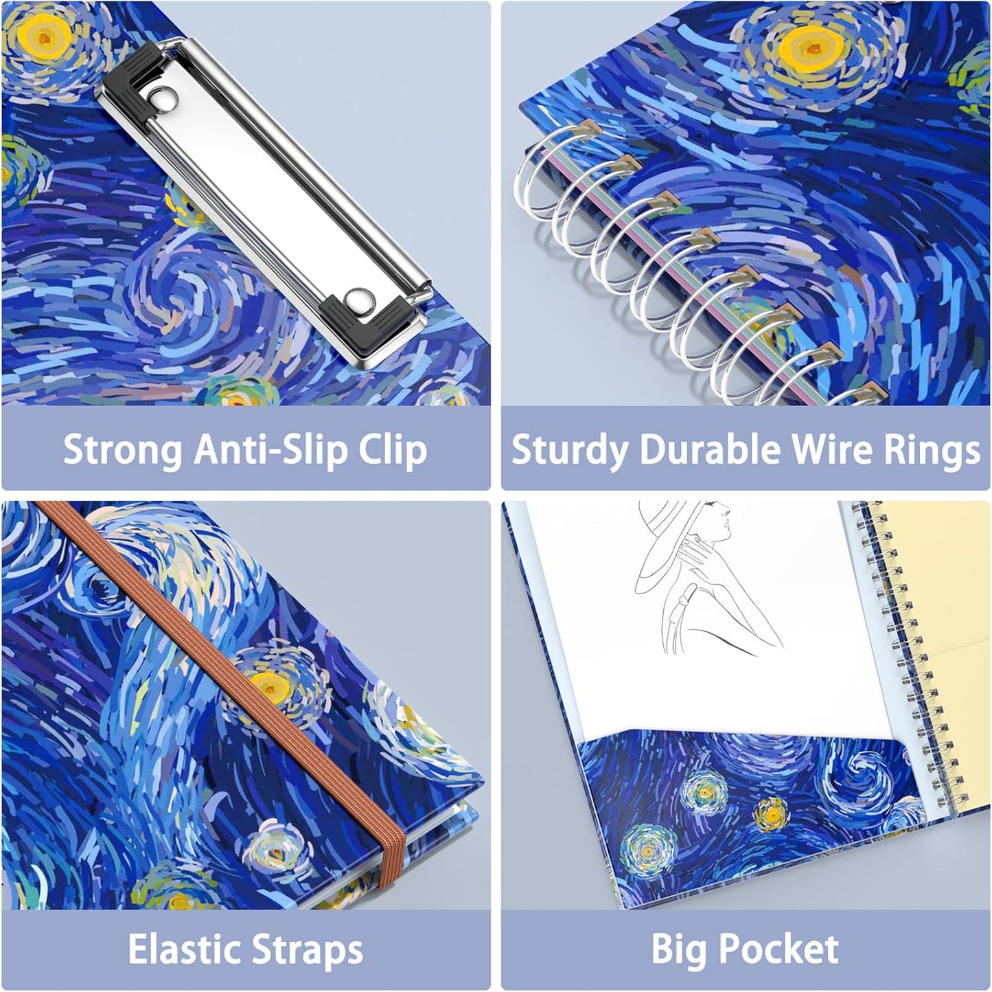 Rimilak Spiral Clipboards Folio with Refillable Lined Notepad, 14.5 x 9.8 In, Hardcover Cover with 5 Interior Pockets, Elastic Band and Pen Loop Series. Cute Stylish Clipfolio, Daisy Flower