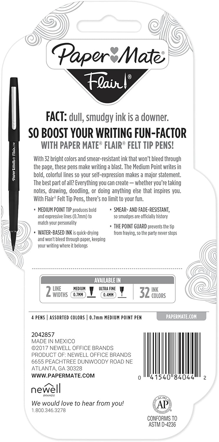 Paper Mate Flair Felt Tip Pens, Medium Point (0.7mm), Business Colors, 4 Count