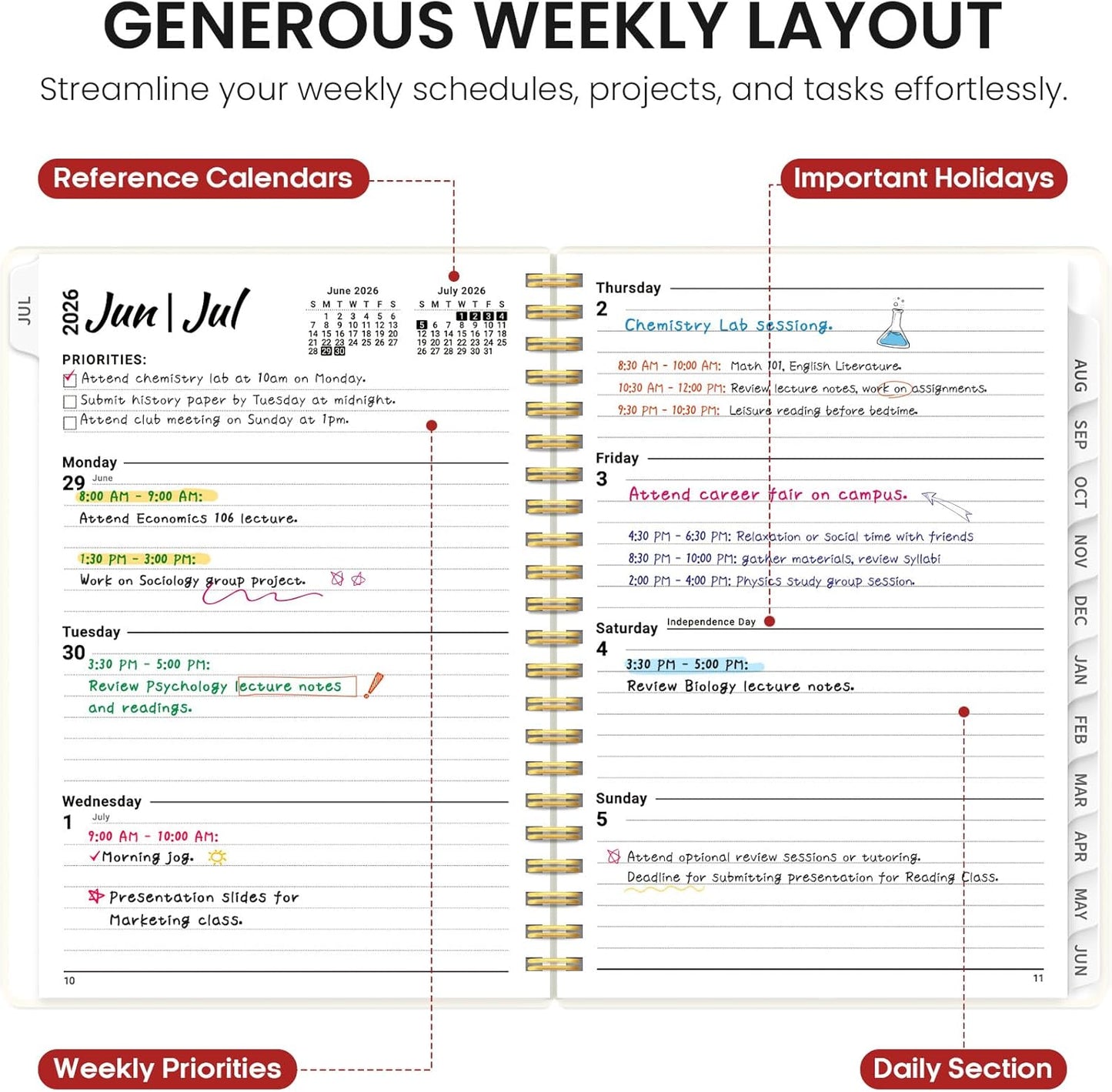Planner 2026-2027, Academic Year Monthly and Weekly Calendar Planner, Jul 2026 - Jun 2027, Hardcover Teacher Student Planning Agenda book with Tabs, Perfect for School Office Supplies, 6.3" x 8.5" - Wildflowers