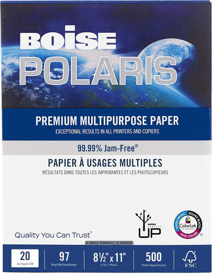 Boise Paper Premium Multipurpose Copy Paper | 8.5" x 11" Letter | 97 Bright White, 24 lb. | 10 Ream Carton (5,000 Sheets)