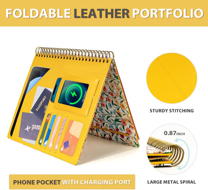Ospelelf Clipboard with Storage for Women, Leather Padfolio Portfolio Organizer 5 Folders with 10 Pockets, Spiral Clipboard Folio with Notepad for Letter Size, Elastic Closure and Pen Loop Floral
