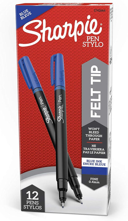 Sharpie Felt Tip Pens, Fine Point (0.4mm), Blue, 12 Count
