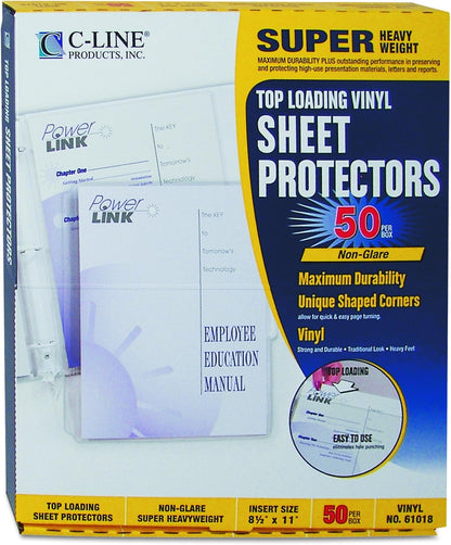 C-Line Top Loading Super Heavyweight Vinyl Sheet Protectors, Non-Glare, 8.5 x 11 Inches, 50 per Box (61013)
