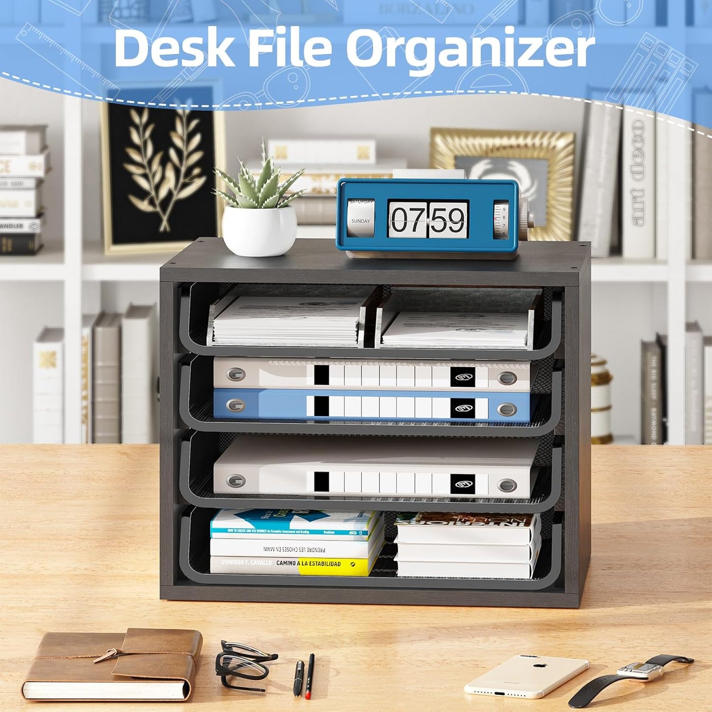 Simple Trending Desk File Organizers, 4-Tier Letter Tray Paper Organizer with File Holder, Wooden Paper Sorter for Office Supplies, White